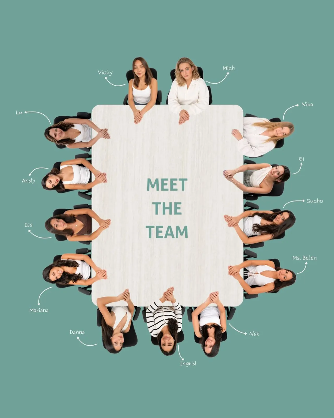 Gráfico Meet the team: el equipo de Social Hour sentado alrededor de una mesa, visto desde arriba