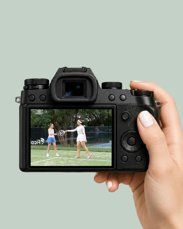 Una mano sostiene una cámara cuya pantalla muestra una sesión en cancha de pádel
