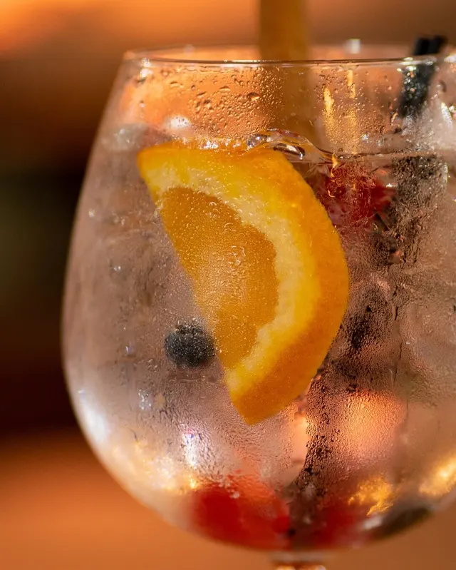 Copa de gin con naranja y frutos rojos