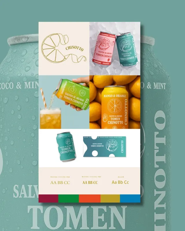 Brandboard de Chinotto: logo, latas, paleta de color y tipografías