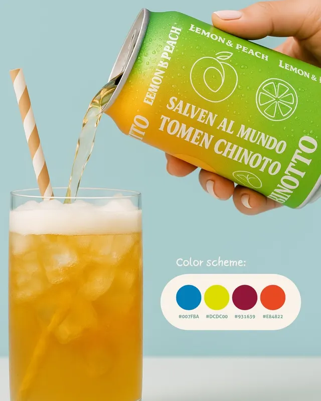 Una lata verde de Chinotto sirviendo la bebida en un vaso con hielo