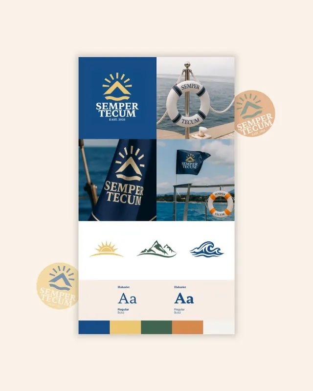 Brandboard de Semper Tecum con logo, íconos de sol, montaña y ola, y paleta