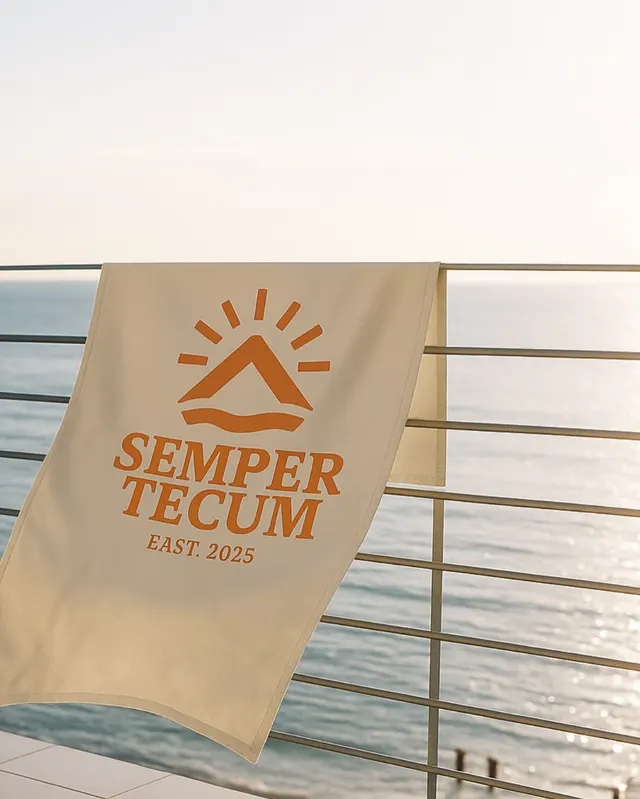 Toalla con el logo naranja de Semper Tecum sobre una baranda frente al mar