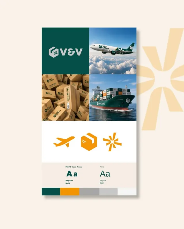 Brandboard de V&V Cargo con logo, íconos, tipografías y paleta