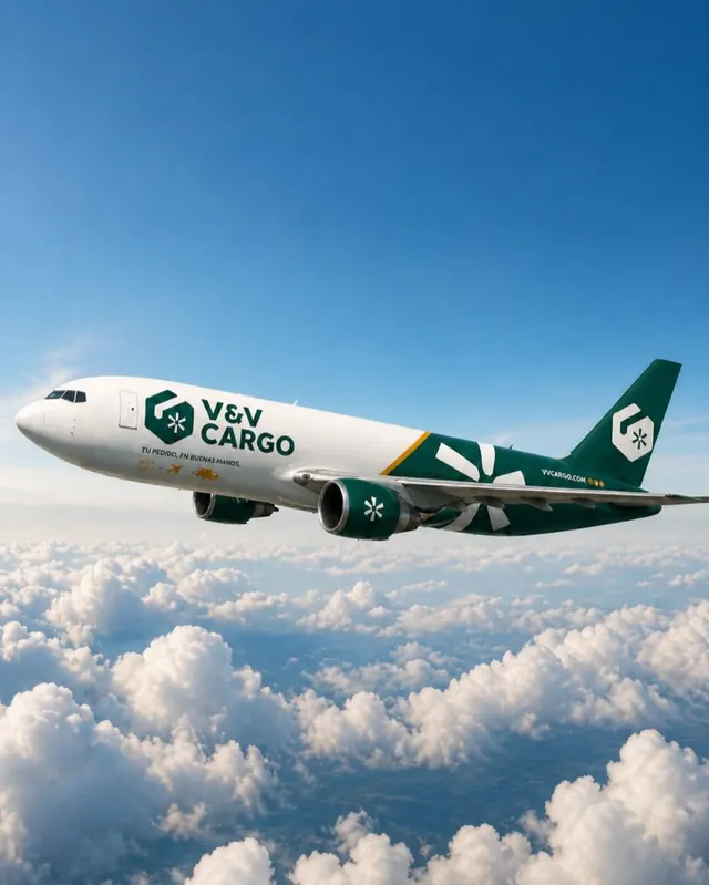 Avión de carga con la identidad verde de V&V Cargo sobre las nubes
